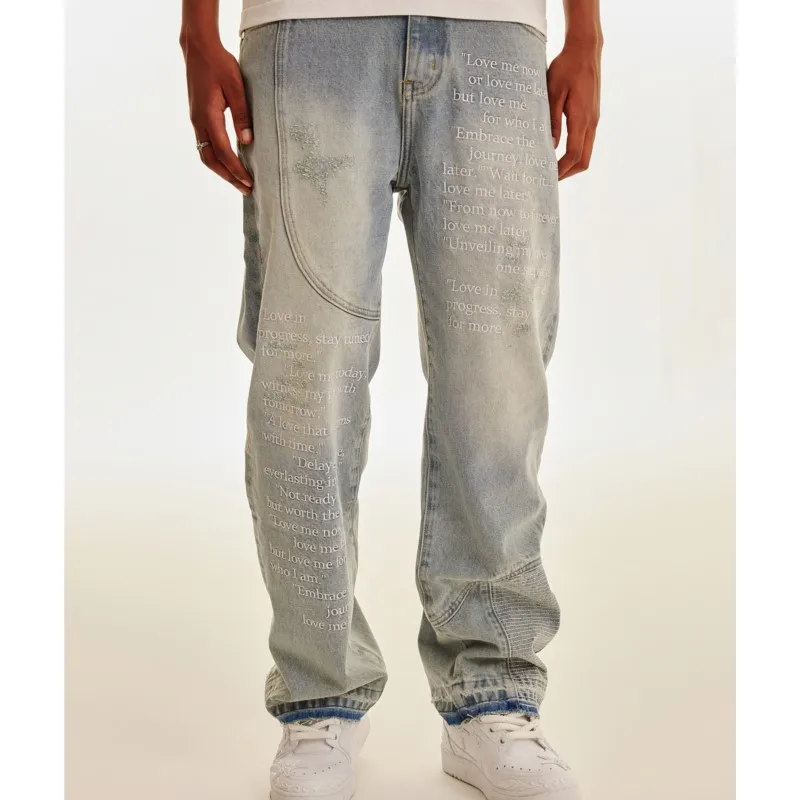 Embroidered Distressed Dirty Dyed Washed Jeans Loose Straight Trousers