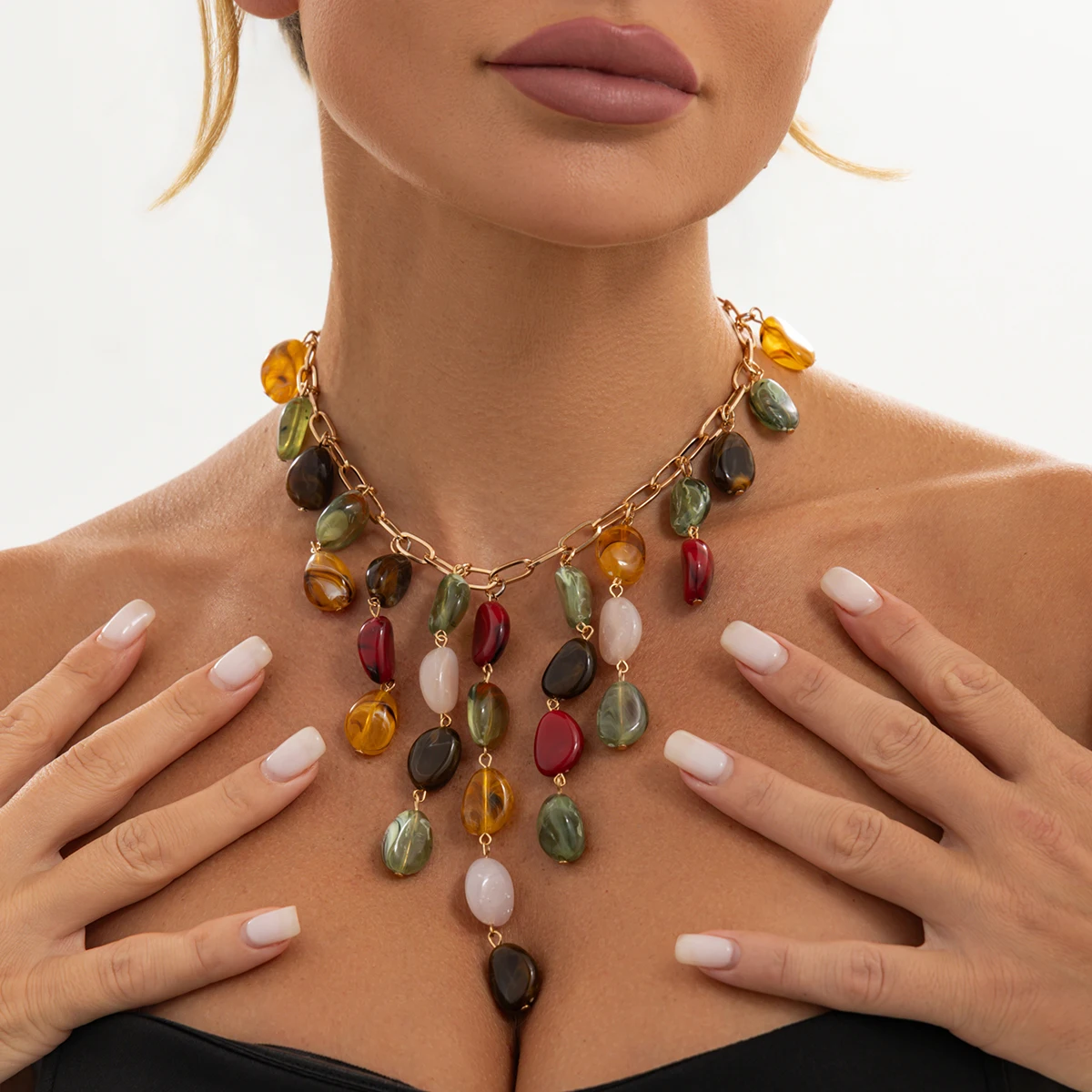 SHIXIN Bohemian Irregular Geometric Colorful Water Droplet Resin Tassel Necklace Women 2027 Vintage Clavicle Chain Jewelry Gift