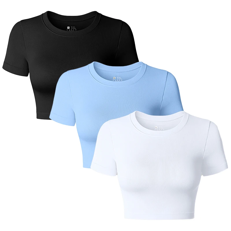 Kurzarm-Sportoberteile für Damen, Rundhalsausschnitt, enge Crop-Tops, einfarbig, kurzer Stil, lässiges Training, Crop-Top, Sexys Y2k-Tops