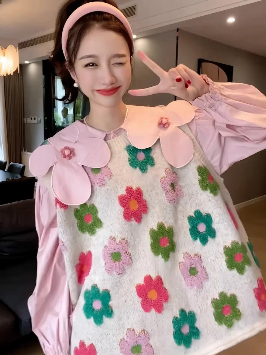 Pull tricoté coréen pour femmes, grande taille, gilet rond Ne Svel, vêtements d'extérieur, broderie florale, nouvelle collection automne hiver