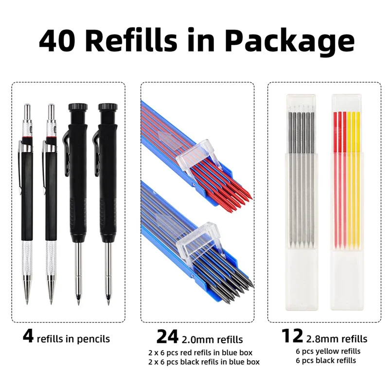 36Pcs Carpenter Pencil, Mechanical Carpenter Pencils Kit with Carpentry Mechanical Pencil Deephole Pencil for Mark Draw