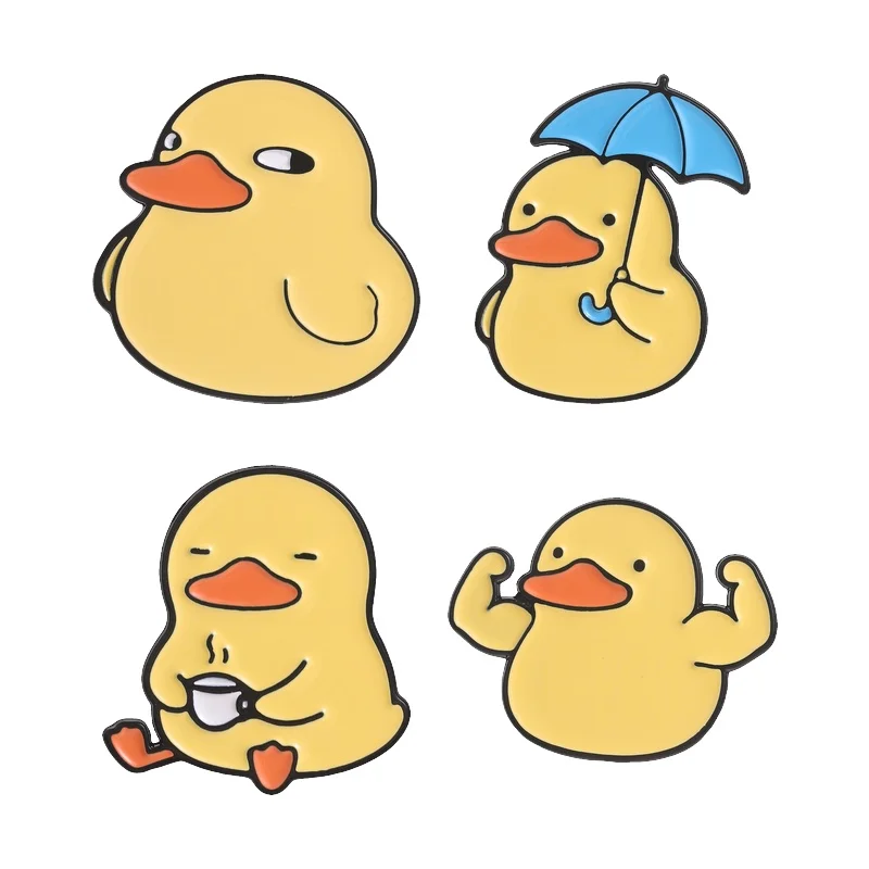 Cute Duck Side Eye Expression Enamel Pin Cartoon Emo Duck Holding Umbrella Muscle Poses Duck Brooch Bag Lapel Badge Jewelry Gift