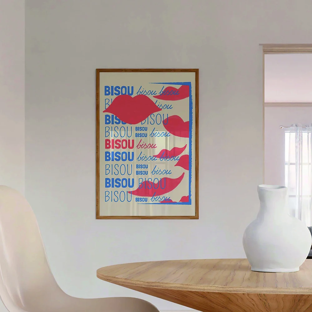 Modern Blue Red Typography Bisou Bisou Quote French Kisses Print Romantic Lips Living Room Wall Art Canvas Poster Home Decor