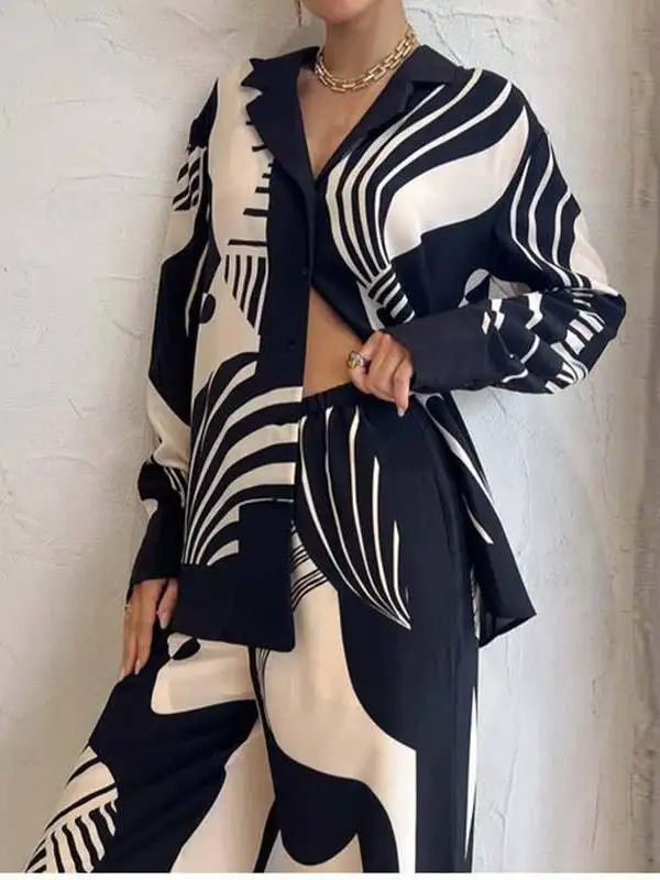 Moda impra manga longa calças cridas estilo casa casual verão conjunto f com decote em v botão tecido de poliéster