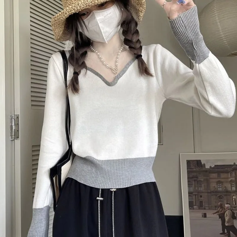 Fashion Color Matching Short Knitting Bottoming Shirt Women New Classic Long Sleeve Slim Autumn Casual All-match Lady Sweaters