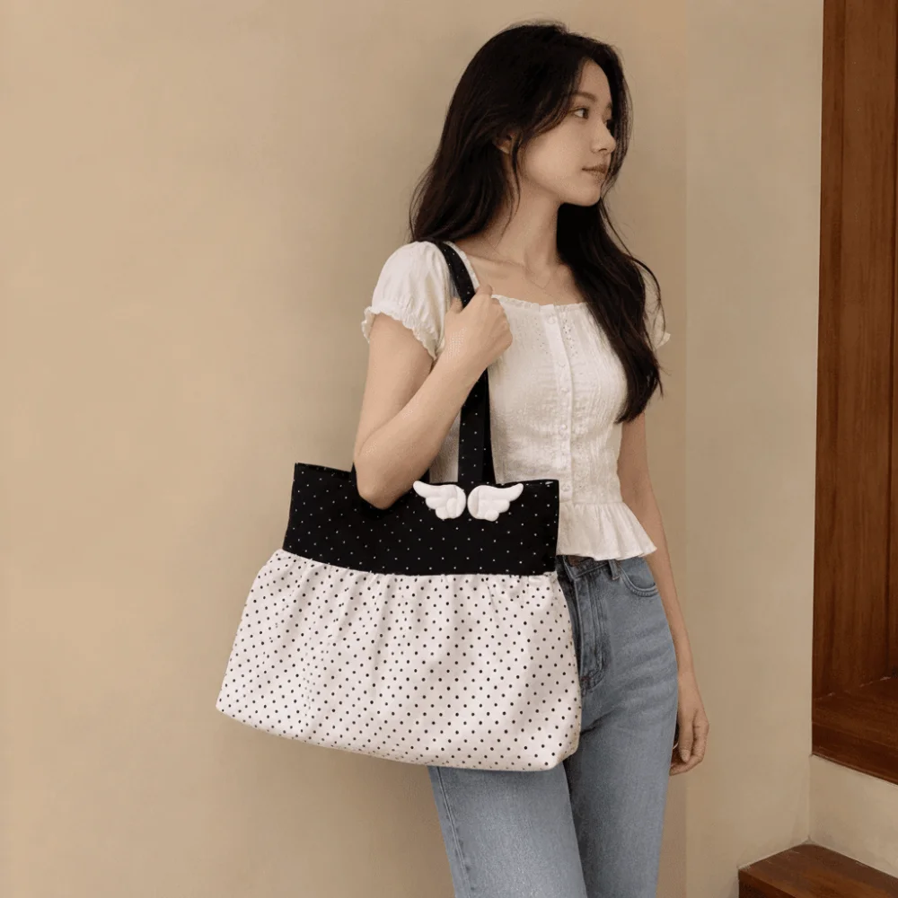 Vintage Wing Polka Dot Shoulder Bag Pleated Canvas Underarm Bag Lightweight Ruffled Printing Handbag Daily