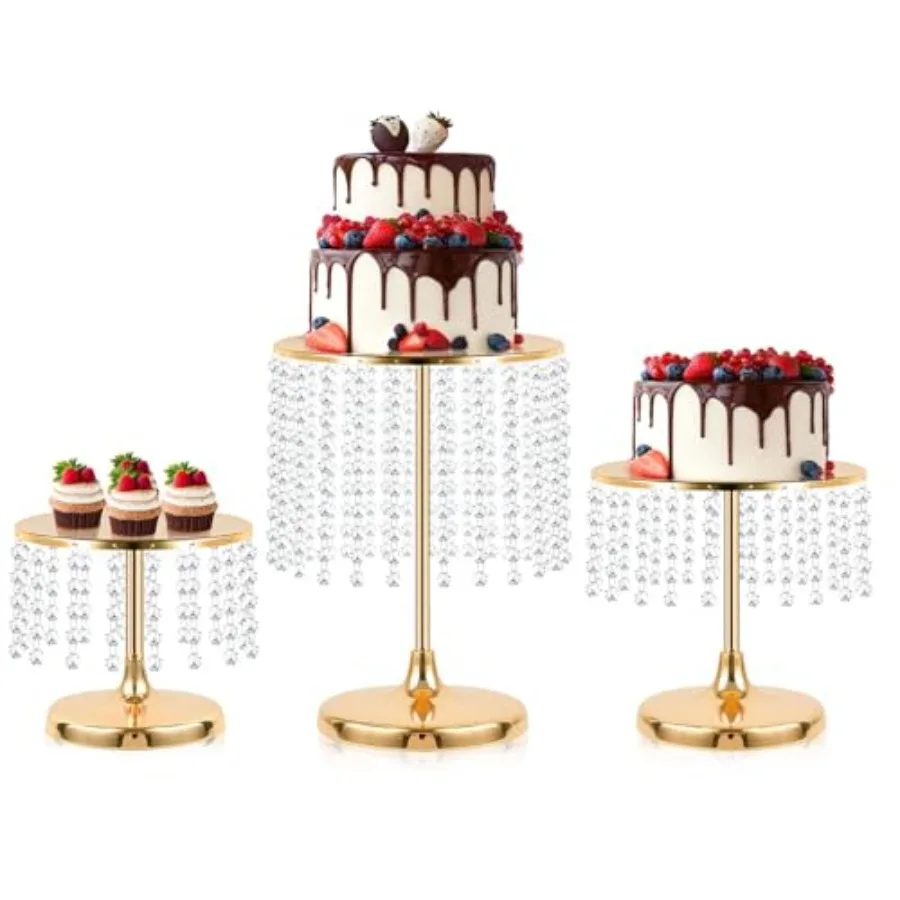 

Metal Mirror Cake Stand Set with Crystal Pendants - Elegant Dessert Table Display for Weddings Birthday Parties Baby Showers Ev