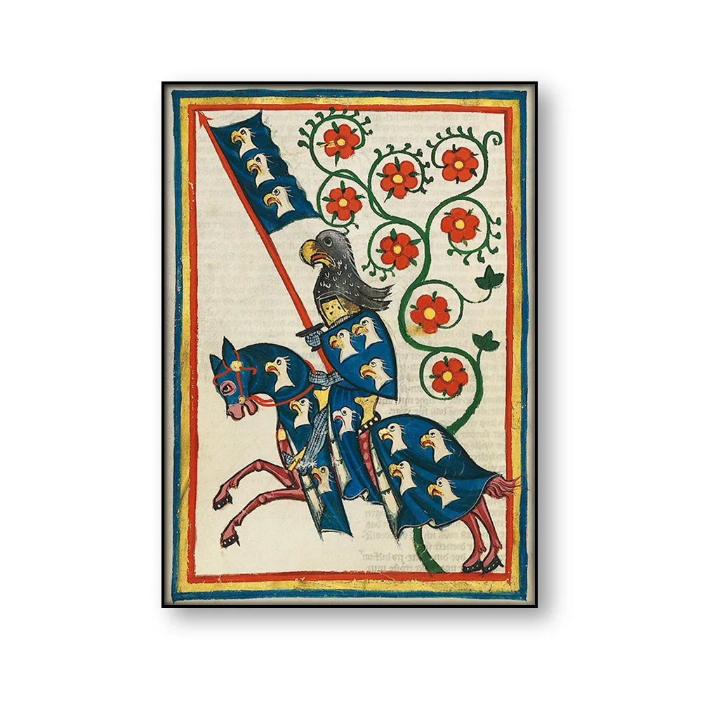 Medieval Knight on Horseback Wall Art Canvas Print Poster Codex Manesse Illuminated Manuscript Chivalric Gothic Home Decoration