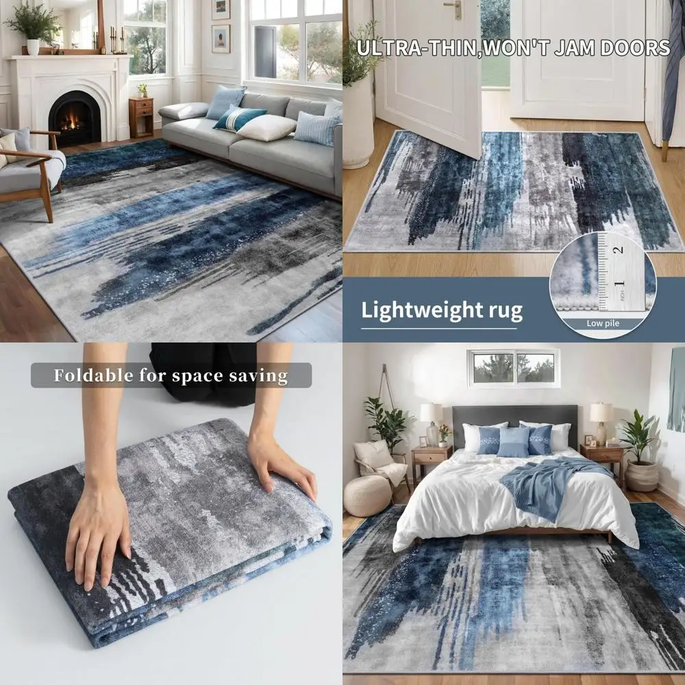 سجادة منطقة معاصرة باللون الأزرق الرمادي العميق لمساحات المعيشة، 8 × 10 أقدام، قابلة للغسل في الغسالة، غير قابلة للانزلاق، كومة منخفضة، ديسي حديثة عالية البحث