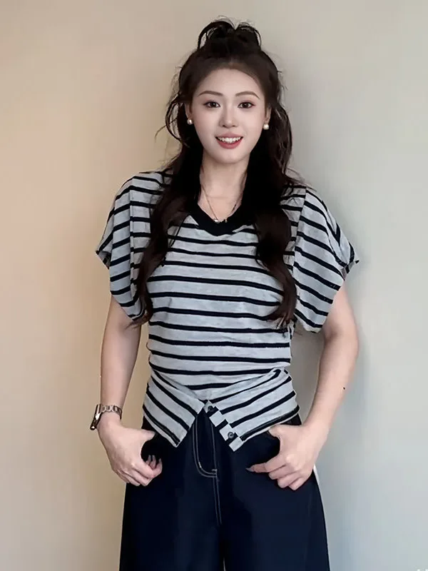 

plus Size Women's V-Ne ort Sve T-irt Slimming Waist Design Korean Sle Striped Top Comfortable Casual Summer Faion
