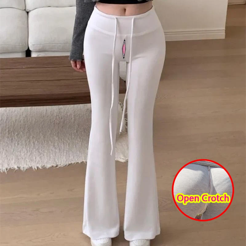 Korean Woman Open Crotch Leggings Hidden Zipper Slim Fit Casual High Rise Ankle-length Pants Fitness Push Up Crotchless Trousers