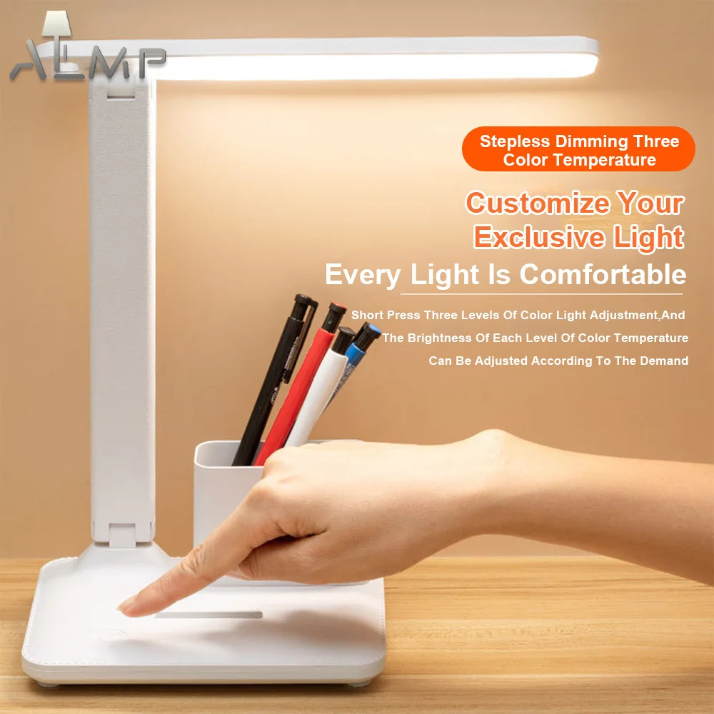 Lámpara de escritorio plegable para dormitorio, lámpara LED de noche, contenedor de bolígrafo extraíble, lámparas de lectura de estudio, luces de mesa brillantes, luz de escritura