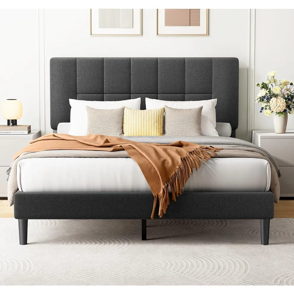 

Queen Platform Bed Frame with 12 Thickened Legs & Adjustable Fabric Upholstered Headboard, Solid Wooden, Customized