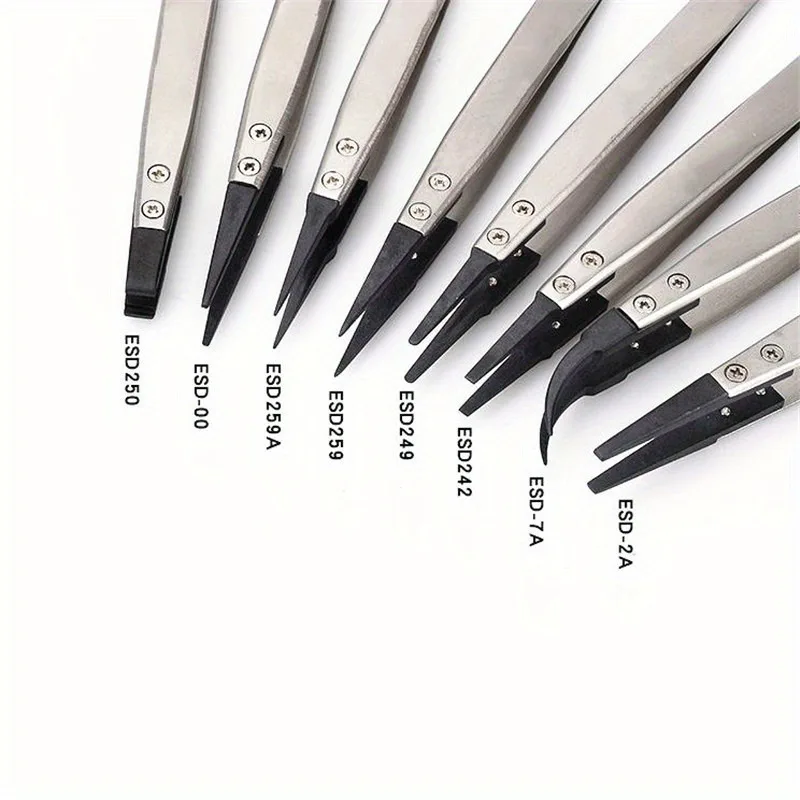 Set of 8/Anti-Static ESD Tweezers Replaceable Tweezers Tips Stainless Steel Body Carbon Fiber Conductive Plastic Tweezers