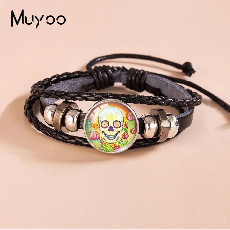 2023 New Arrival Fashion Artistic Flower Sugar Mexican Skull Glass Dome Jewelry Handmade Black Leather Bracelets