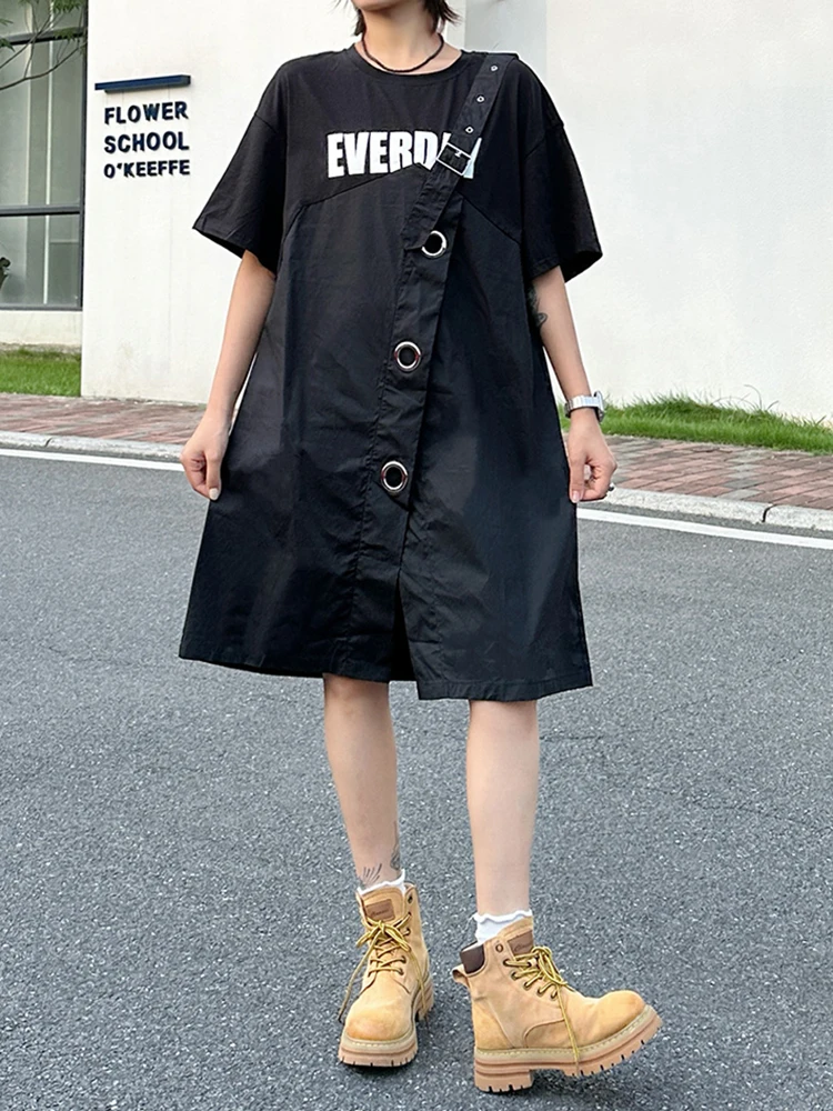 YERMORA Frauen Schwarz Gefälschte Zwei Stück Gedruckt Casual T-shirt Kleid Oansatz Kurzarm Lose Neue Mode Flut Frühling Sommer 2025