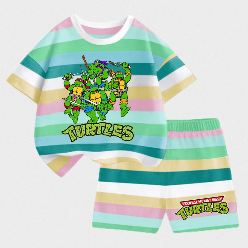

Teenage Mutant Ninja Turtles Kids Striped Short Sleeved Suit Short Sleeves Shorts Cartoon T Shirt Summer Tees Fashion Clothes