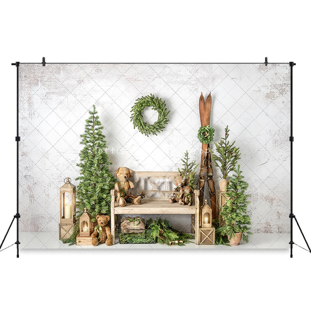 Antique Festive Foyer Backdrops Kids Family Xmas Photography Props Christmas Trees Wooden Door Backgrounds