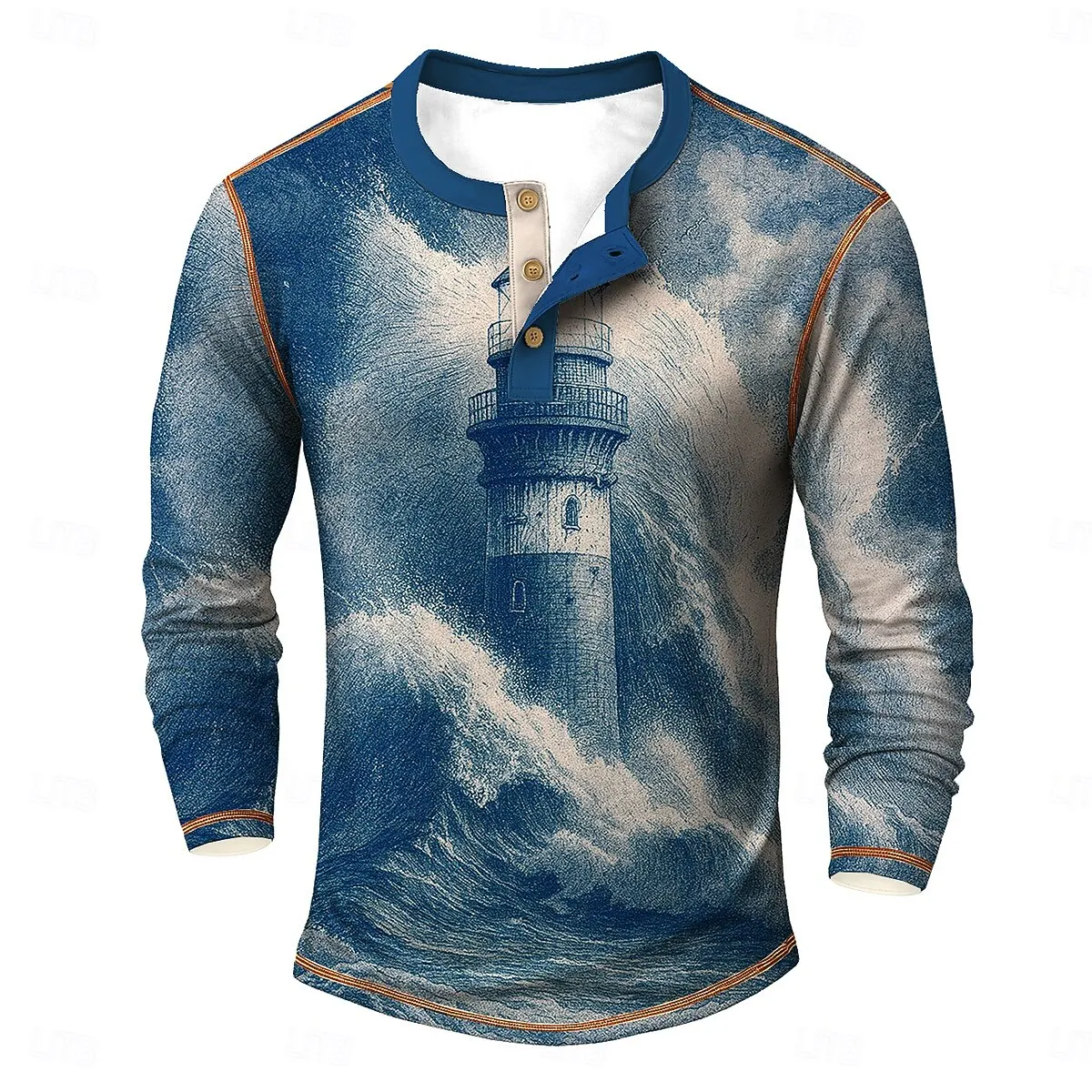 

3D Print Lighthouse Graphic Men's Henley T-Shirts Autumn Long Sleeve Henry Collar Clothes Fashion Cool Comfortable Pullover Tops