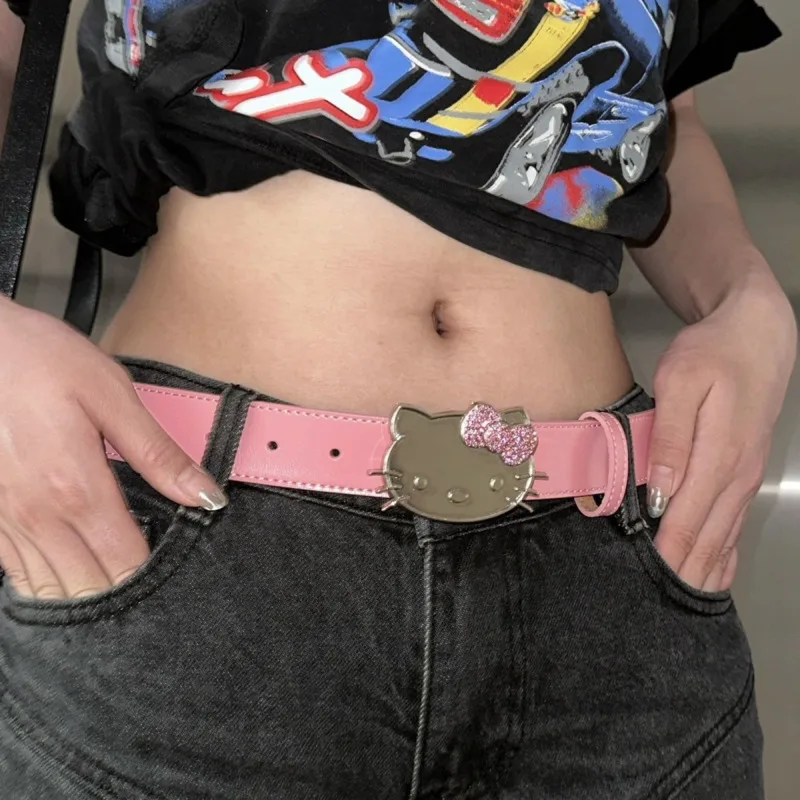 Y2k Sanrio Hello Kitty Jeans Leather Belt Women Buckled Simple Belts Trend Pants Jeans Belts Cute Clothing Accessories Gifts