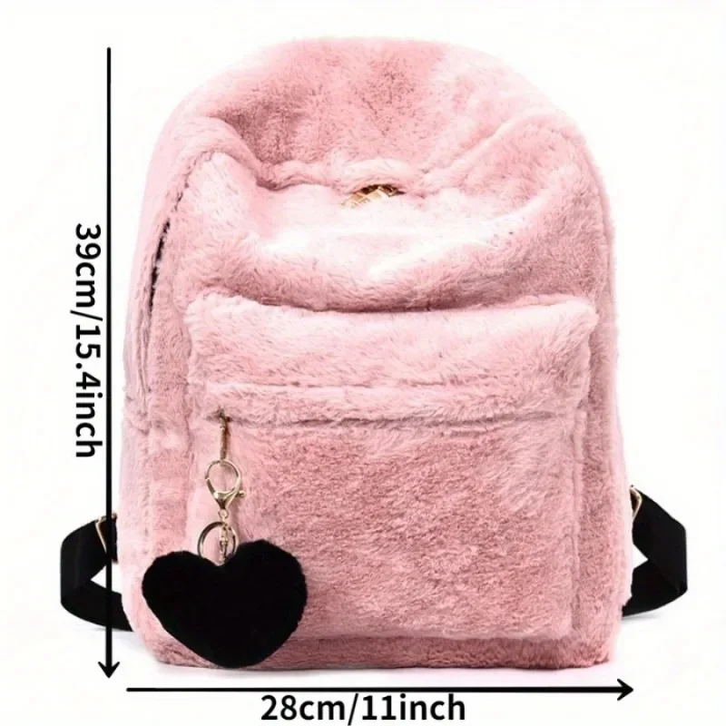 1PC Cute Women\'s Plush Faux Fur Backpack Heart Pendant Soft Backpack Mini Backpack