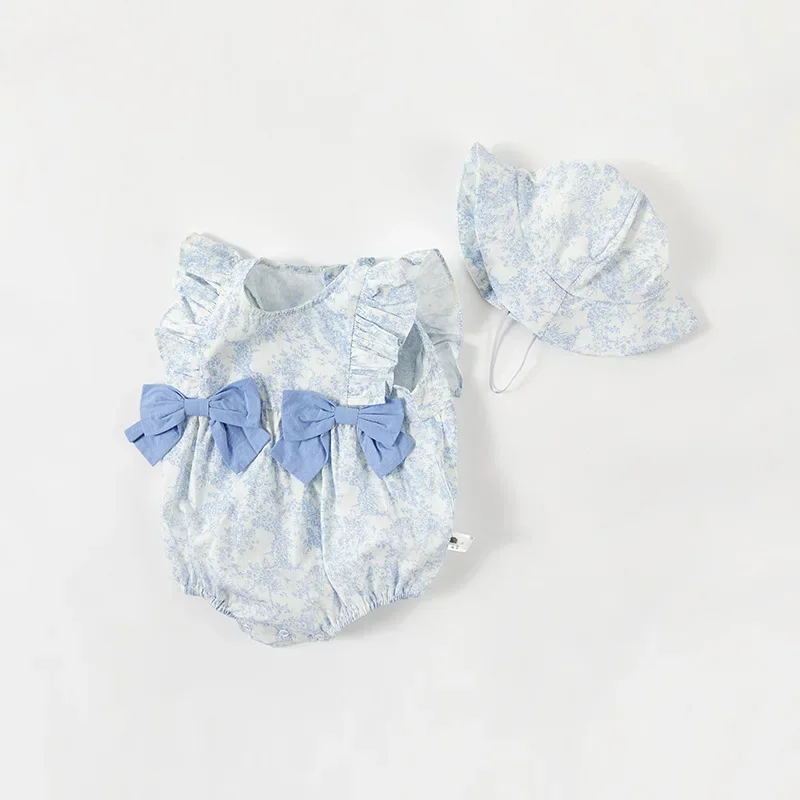 Ensemble deux pièces pour bébé fille, barboteuse imbibée de fibre florale, manteau et chapeau, vêtements d'été, nouveau, 2024