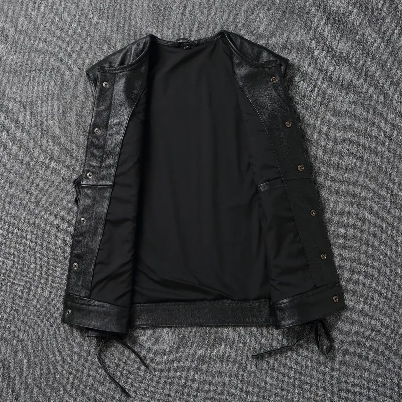 2026 Trendy Men's High Quality Leather Motorcycles Jackets Fashion New Sleeveless Vest Slim Fit Waistcoat Four Seasons Coat view 3