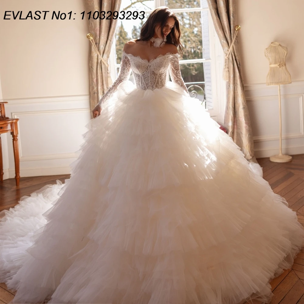 

EVLAST Customized Sparkly A Line Wedding Dress Lace Applique Long Sleeve Beading Ruffles Bridal Gown Vestidos De Novia TBD180