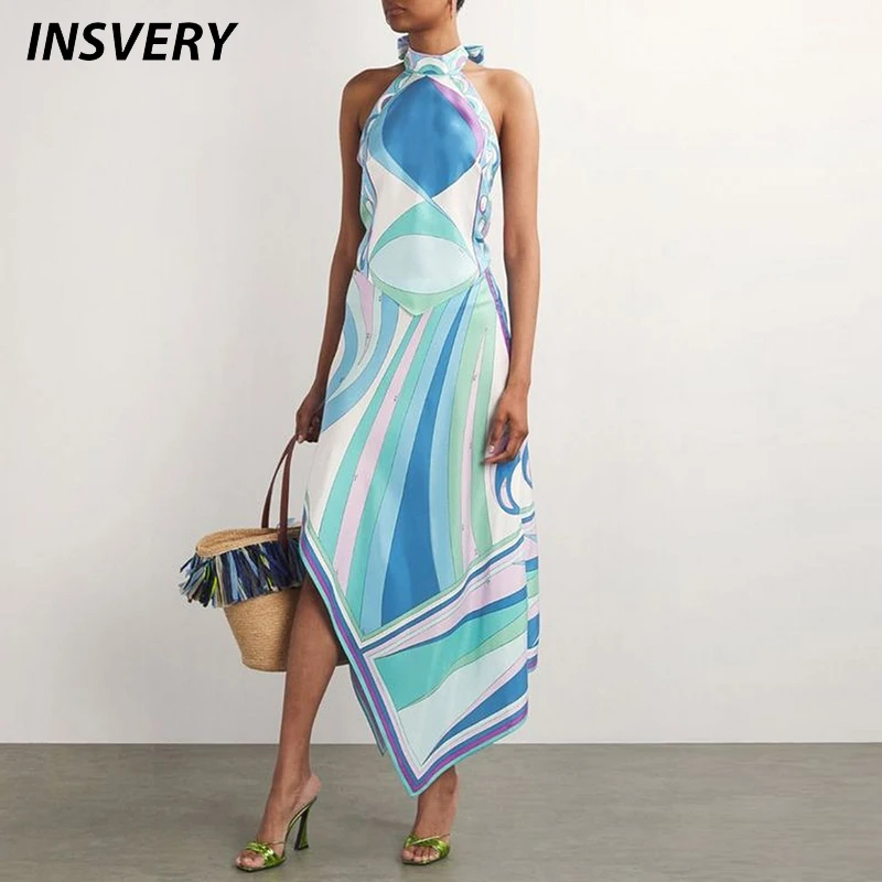 

Летняя сексуальная рубашка без рукавов с лямкой на шее, юбка, комплект из двух предметов, женский атласный наряд с принтом в стиле ретро, женские пляжные праздничные платья