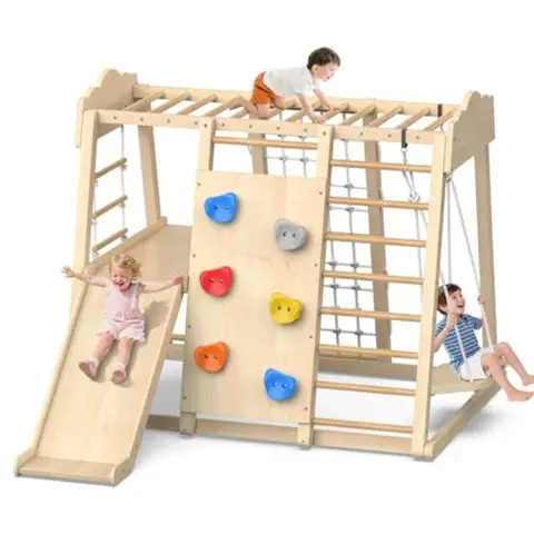 Indoor Playground 8-in-1 Wooden Jungle Gym Large Play Gym Climbing Toys with Swing Slide with Preperation Zone Monkey Bars Clim