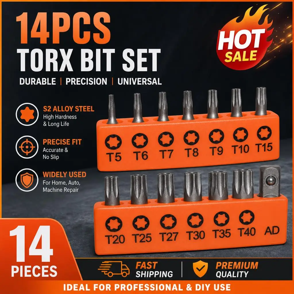 14-Piece S2 Alloy Steel Screwdriver Bit Set – 25mm Hollow Torx (Security) Bits with Storage Strip, Star Bits