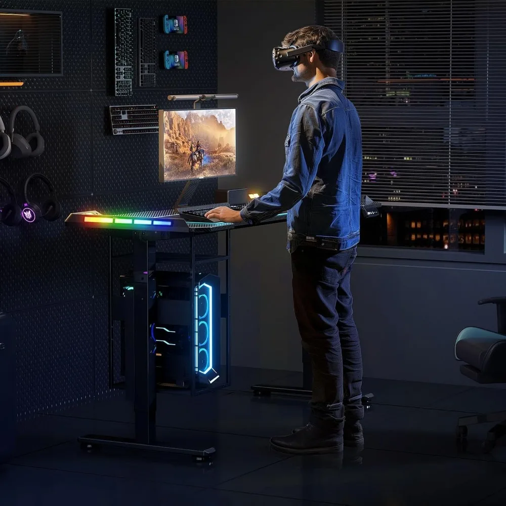 Illuminated Adjustable Desk with Music-Synced LED, 55 x 24 Smart Gaming Desk with Cable Management