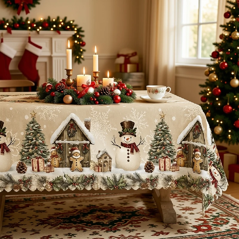 Christmas Santa Baking and Gingerbread Cookie Printed Tablecloth for Holiday Dining Kitchen Decor polyester, washable, clearance