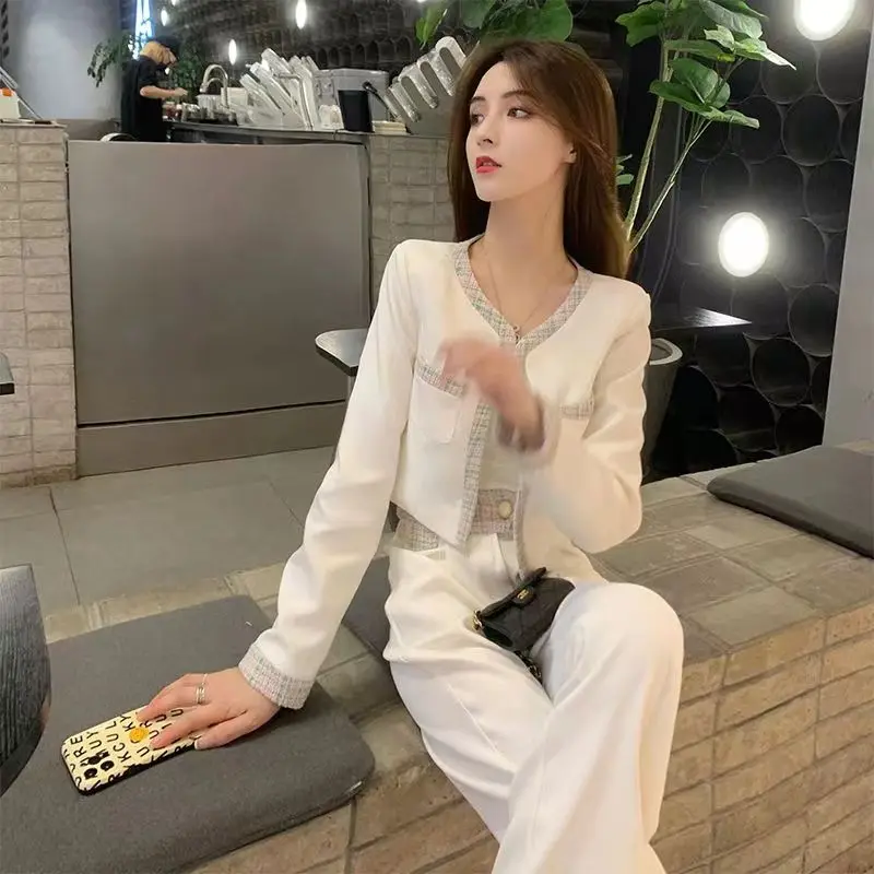 Spring Woman's Fragrance Bright Silk Stitching Texture Blazer Wide-leg Pants Set Retro Contrast Round Neck Suit Two-piece Sets