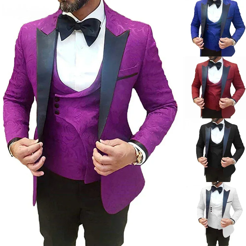 

Fashion Purple Jacquard Men Suit Wedding Groom Tuxedo Prom Slim Fit Blazer Hombre High Quality Custom 3 Piece Set Costume Homme