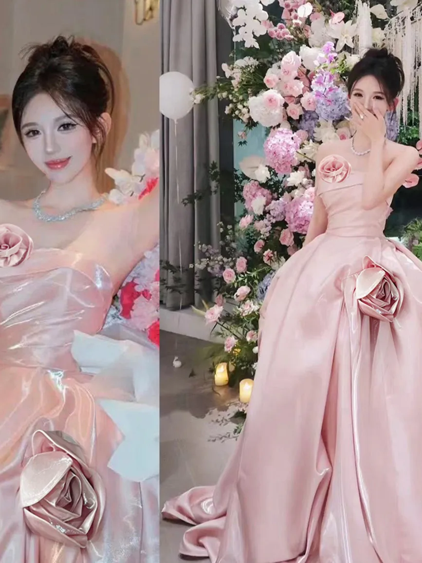 

Розовое 3D-платье с розами для свадьбы, помолвки, корейское атласное длинное платье для церемоний и торжеств