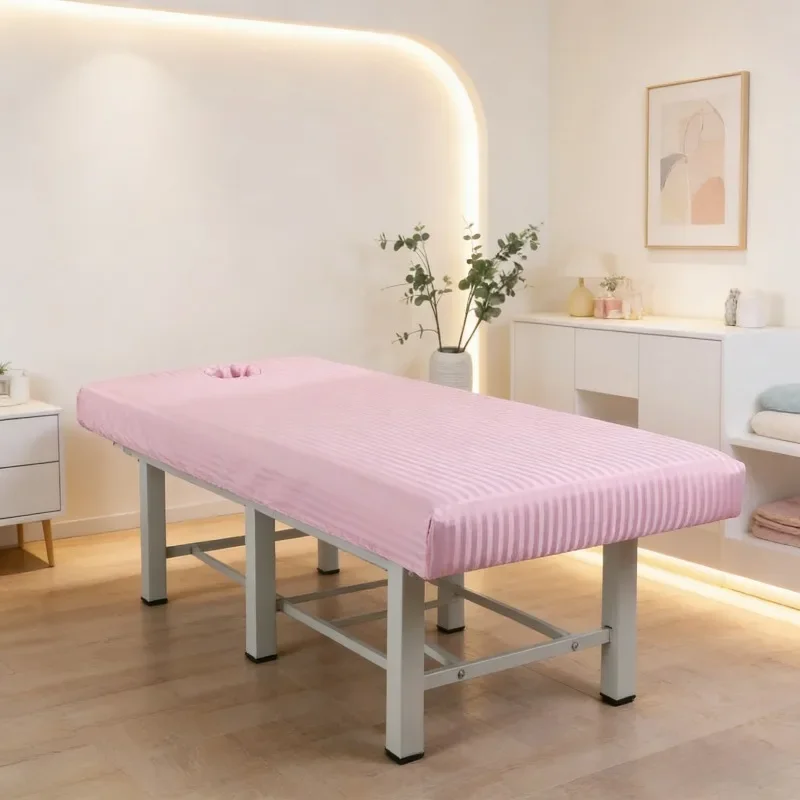 80x190cm Massage Bed Sheet Fit with Elastic Rubber Band Striped Washable Breathable Fabric Sheet Face Opening SPA Clinic Cover