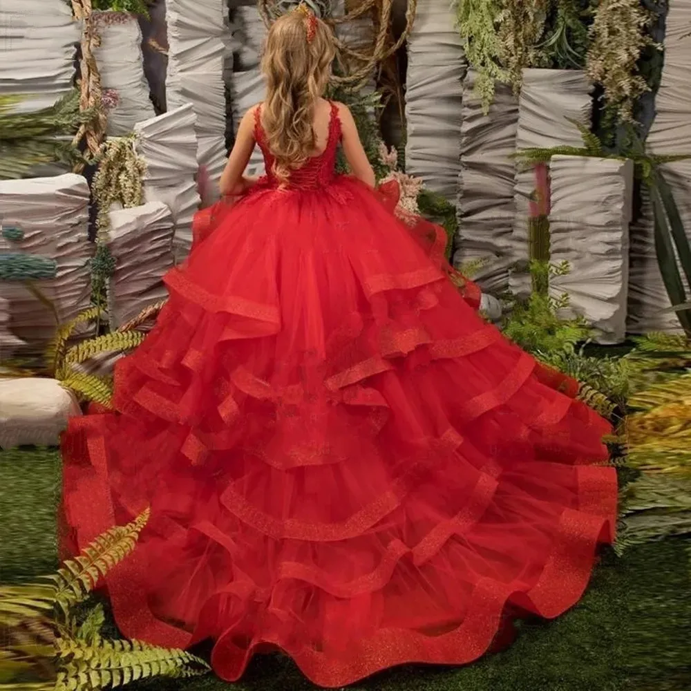 Vestidos de flores con volantes rojos para niña, tirantes finos de hombro, apliques escalonados, sin mangas, cuello en V, comunión, cumpleaños, boda, personalizado