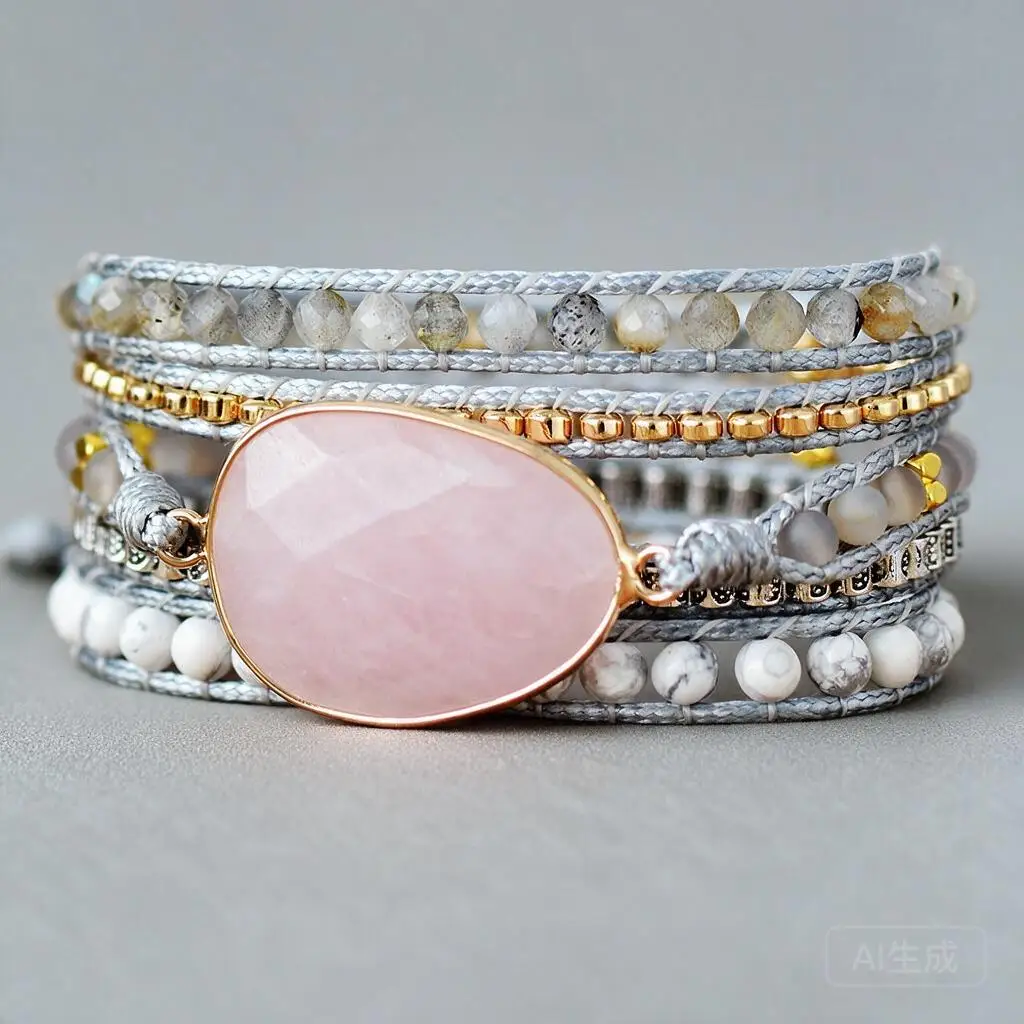 Luxury Natural Rose Quartz Handwoven Multi Layer Wrap Bracelet Boho Mixed Stone Beads Soft Braided String Jewelry Gift For Women