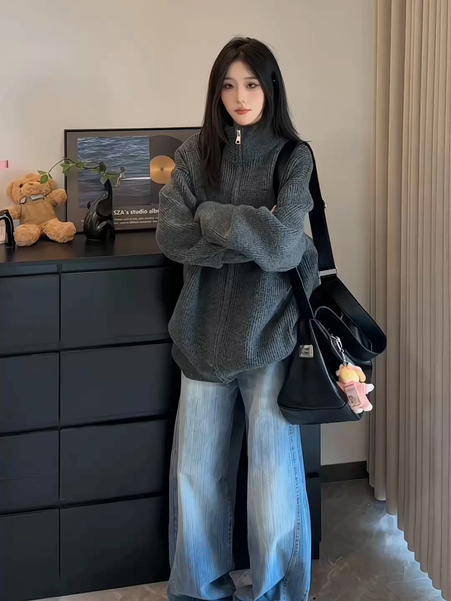 

Мужской вязаный кардиган в американском ретро-стиле с воротником-стойкой, осенний, свободного кроя, с эффектом высокого класса, на каждый день