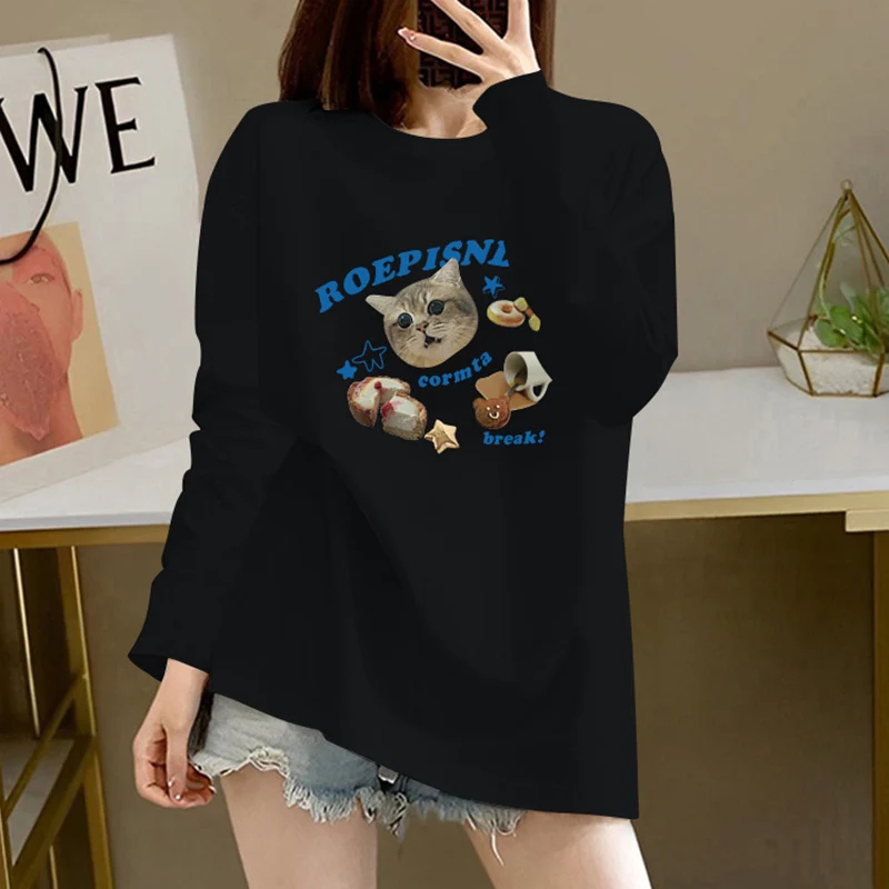 

Women Cute Cat Printed Kawaii T-shirt 2023 Autumn New Long Sleeve Cotton Casual Tosp Famale Basic Tees Accept Customization