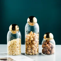 Golden Stainless Steel Stopper Glass Storage Jar Kitchen Food Storage Container Coffee Bean Tea Jar Candy Jar Home Decoration