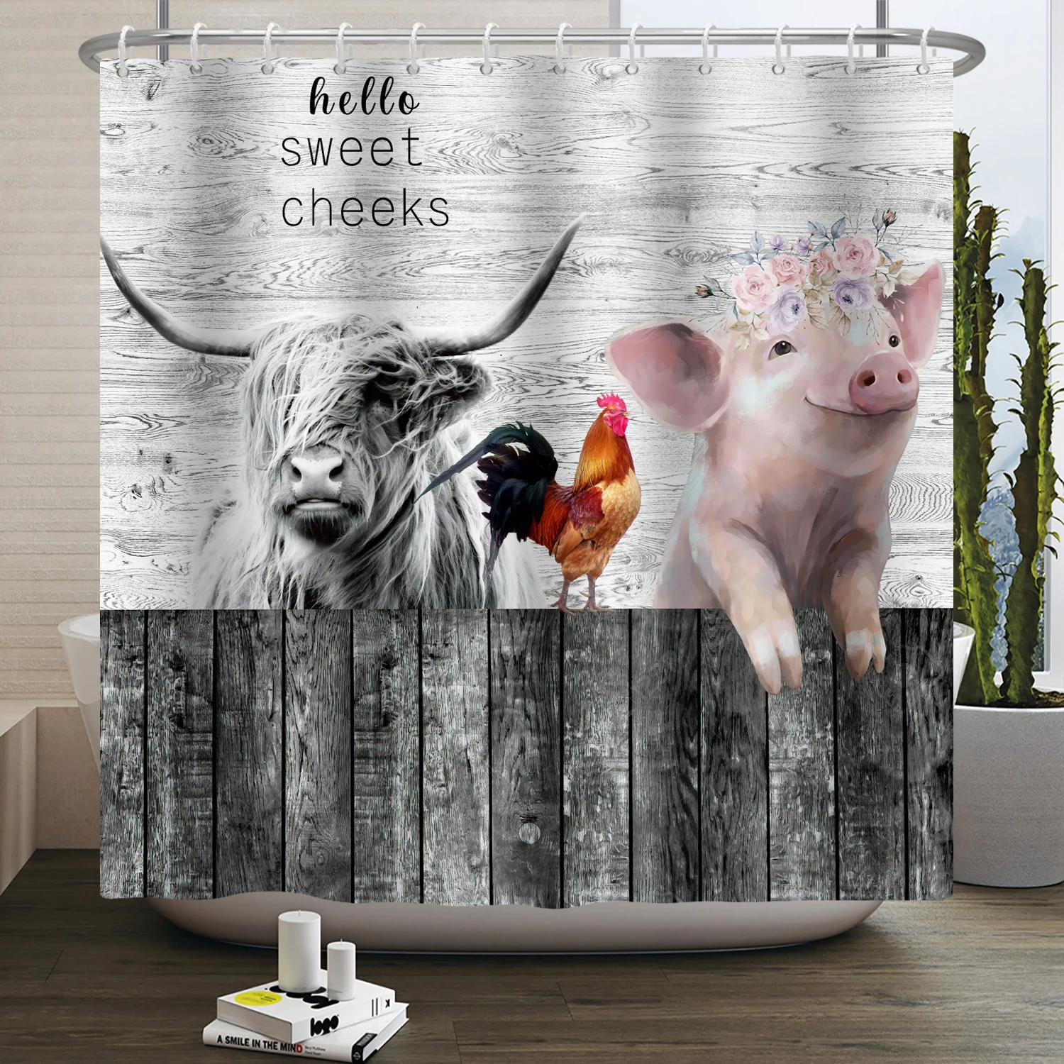 Farm Animals Shower Curtain Cute Funny Cow Chicken Pig Flower Horse Wood Farmhouse Barn Rustic Shower Curtain for Bathroom Decor