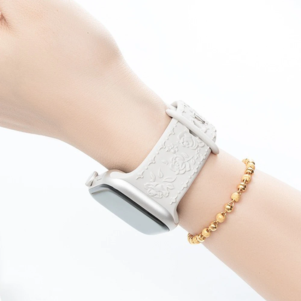 Faixa de Silicone Feminina Gravada Suave para Apple Watch, Correia para iWatch Series 9, 8, 7, 6, 5, 4, Se, 3, 38mm, 40mm, 41mm, 42 milímetros, 44 milímetros, 45 milímetros