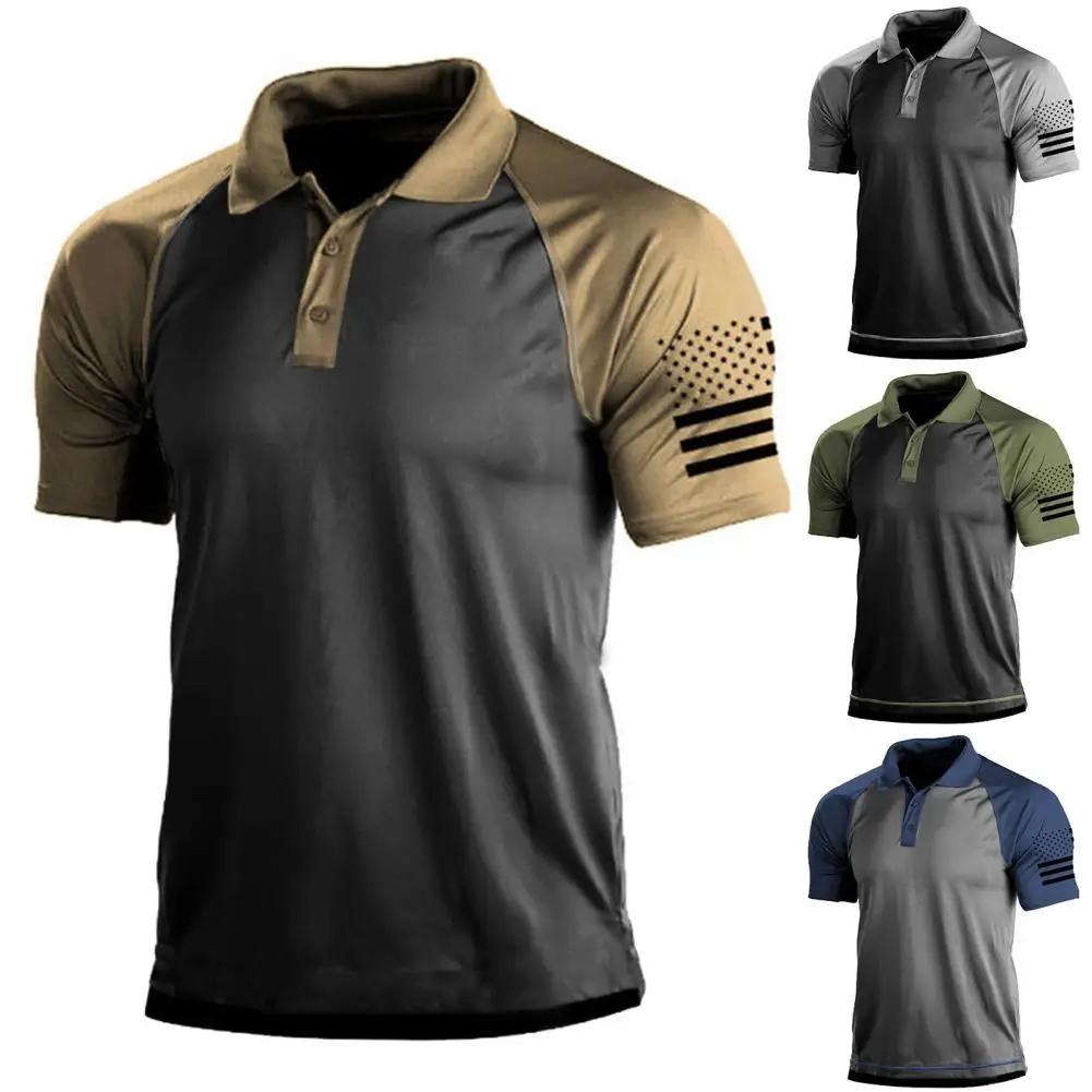 Nadruk z flagą Patchworkowy kolor Męski T-shirt Sportowy T-shirt dla mężczyzn Klapa Guziki Dekolt Krótki rękaw Męski T-shirt Sportowe T-shirty