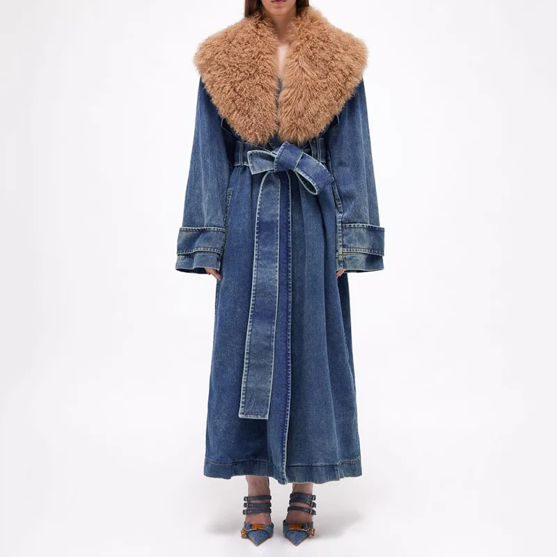 Temperament long denim Trench coat Winter new high-end design detachable fur collar over the knee coat