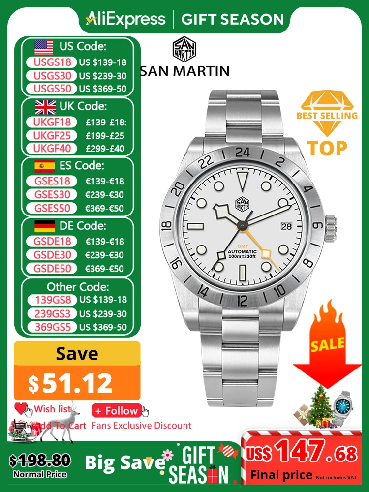 San Martin New 39mm NH34 BB GMT Automatic Mechanical Watch Sport Watch Sapphire Luminous Waterproof 100m for Men Relogio SN0054