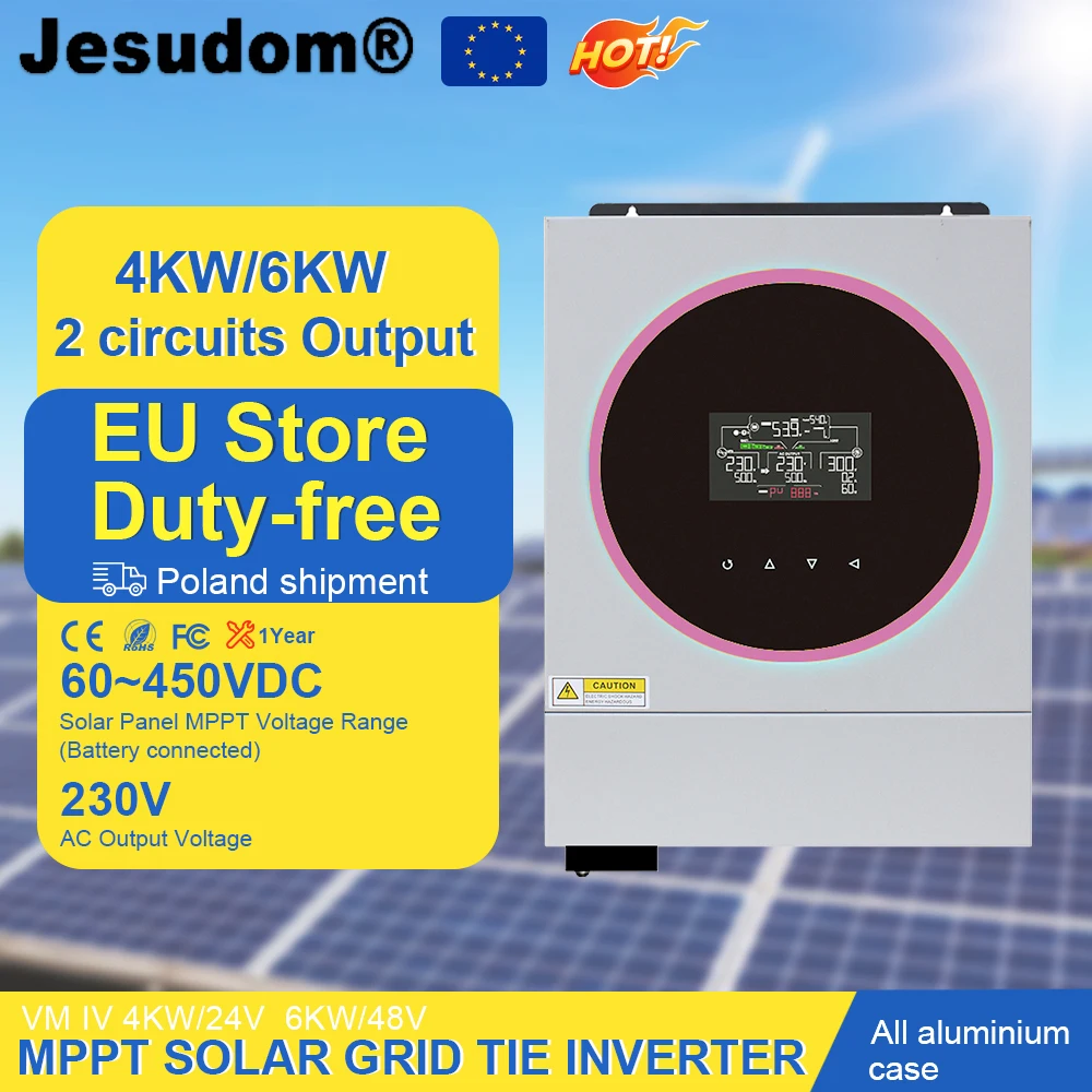 Jesudom Plus 4KW 6KW 24V48V Home Solar Hybrid Inverter MPPT 120A PV 500V Built-in WIFI Off Grid Solar System Dual Output