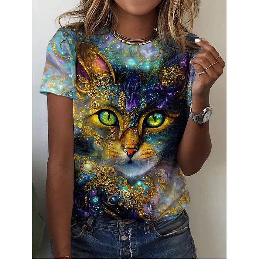 Camiseta con estampado de gato en 3d para mujer, camisetas de moda para mujer, Tops Y2k, Harajuku Kawaii, Top de gran tamaño con cuello redondo,