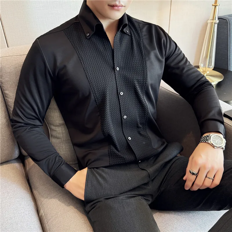 New Patchwork Solid Color Men's Shirts Fashion V-neck Long Sleeved Casual Shirt Elastic Traceless Business Formal Dress Shirts